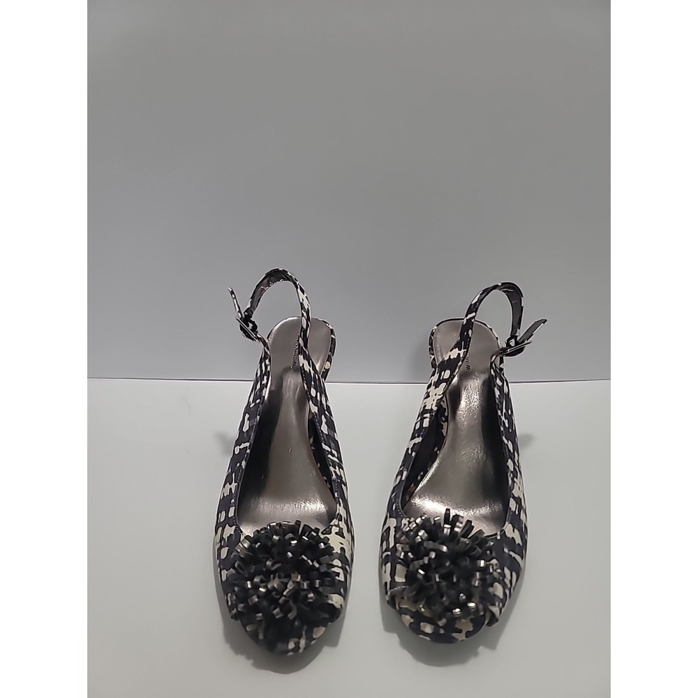 Croft & Barrow Sling Back Size 8  Bow Black/White Chunky Retro Women Kitten Heel